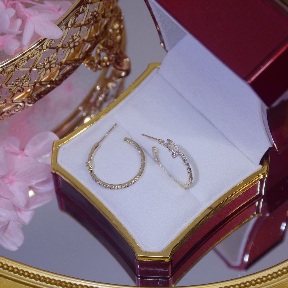 NEW 14K Gold Plated Round Diamond Nail Hoop Earrings - Picture 3 of 11